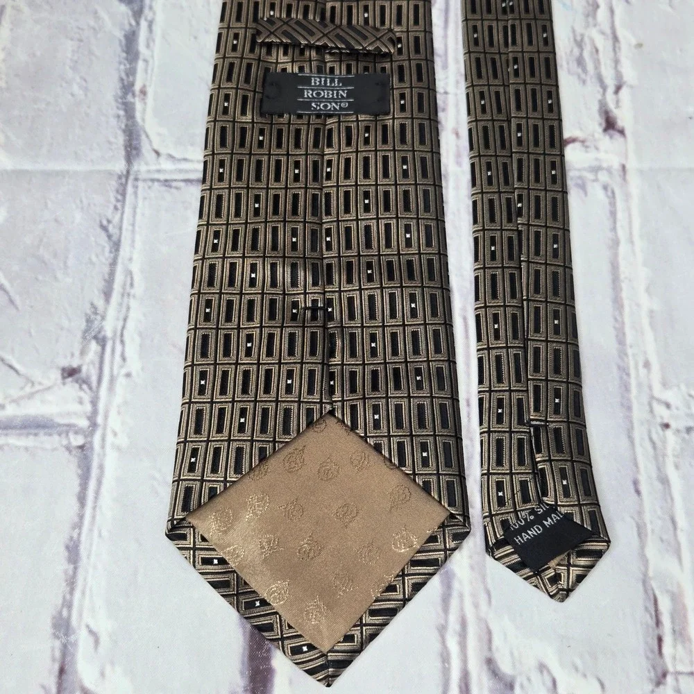 Bill Robinson Tie Gold Black Geometric 100% Silk Hand Made Dress Necktie Mens